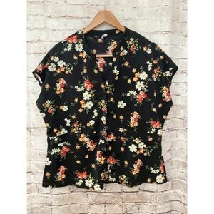 Cici Bird Shirt Womens Large Black Floral V Neck Short Sleeve Flowy Button Front